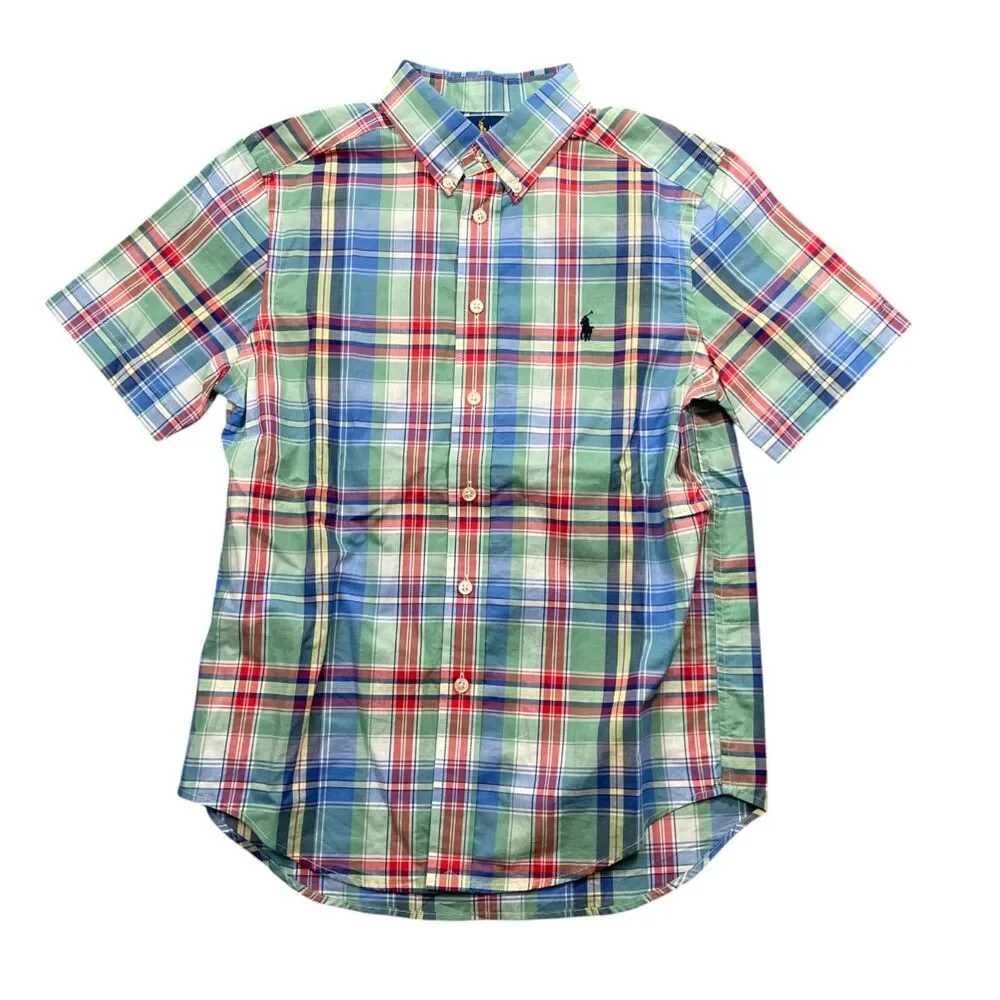 Ralph Lauren Boys Medium Button Up Plaid Shirt Button Down Collar Short Sleeve